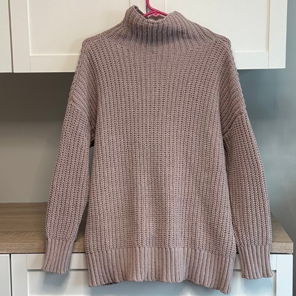 Aerie Oversized Chenille‎ Sweater Beige Slouchy Funnel Mock Neck Size XS Cozy - Picture 2 of 7